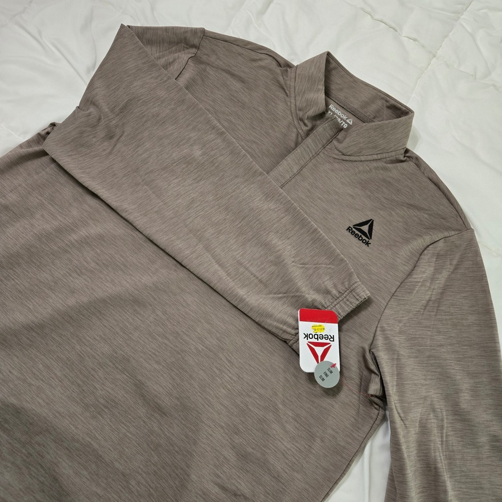 Reebok Mens Quarter Zip Mock Neck Pullover Driftwood Heather XL